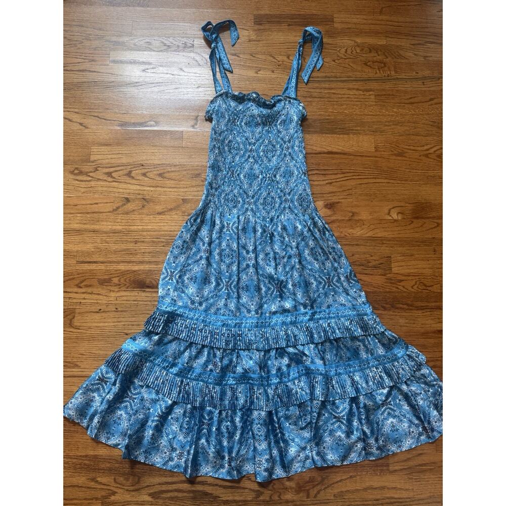 NWT Ramy Brook Maxi Dress Womens Small Mermaid Blue Smocked Tiered Pleated Beach